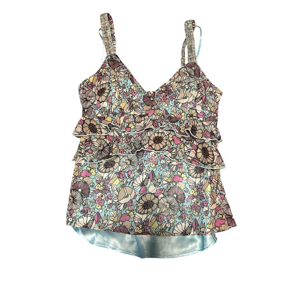 Y2K Tiered Cami Tank Top Womens Small (8) Floral Blue Lined Fairy Sequins Boho
